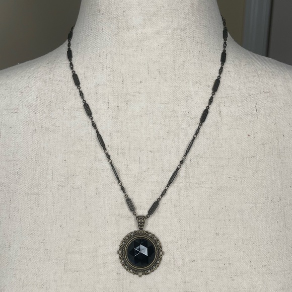 design by Grace Jewelry - Antique Brass Necklace with Black Stone. design by Grace.